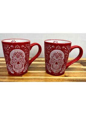 Pair of red "Dia de Los Muertos" ceramic mugs, whimsical, fun